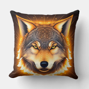Coussin Visage de Loup Radieux Illuminé par une Lumière Do