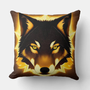Coussin Visage de Loup Radieux Illuminé par une Lumière Do