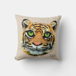 Coussin Visage de Tigre Sauvage sur Fond Beige