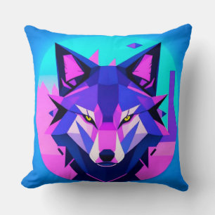 Coussin Visage Futuriste de Loup de Néon dans l'art géomét