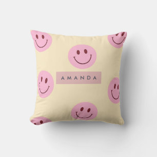 Coussin Visage Sourire Rose et Jaune Pastel Personnalisé