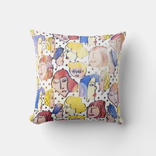 Coussin Visages de femme Abstraite, pois d'aquarelle.