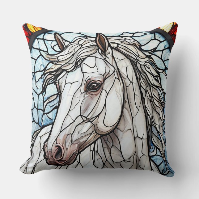Coussin Vitraux Cheval Blanc pour Décoration de Maison (Recto)