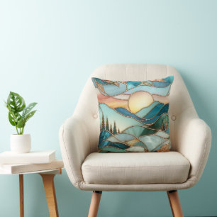 Coussin Vitraux de l'art des pics de la montagne dorée de