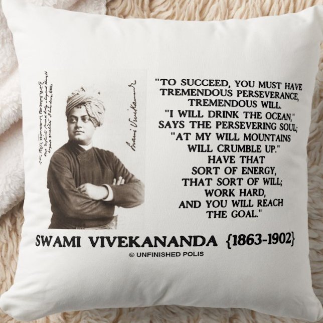 Coussin Vivekananda Pour Réussir Ayez Persévérance Volonté (Timeless inspirational quote on success, perseverance, & energy from Swami Vivekananda)
