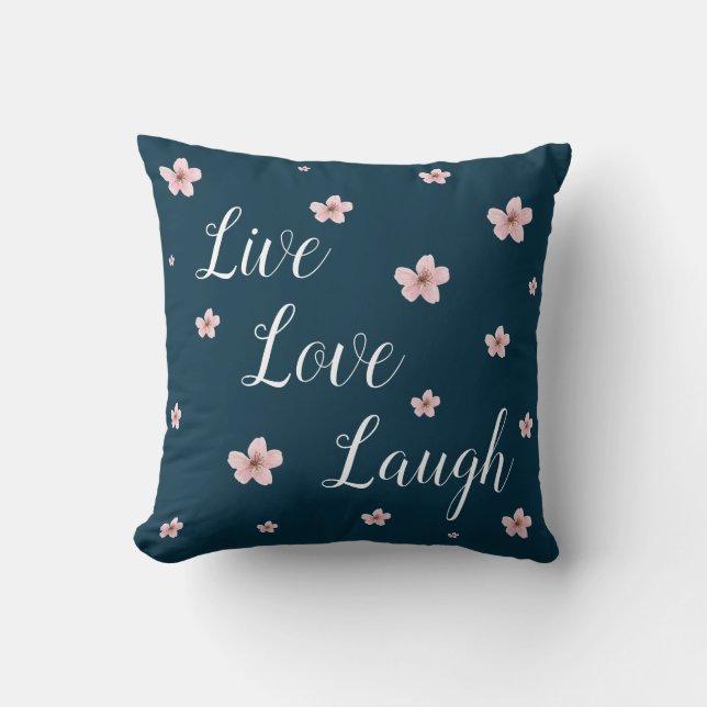 Coussin Vivre, Amour, Rire ~ Royal Blue - Rose Fleurs (Recto)