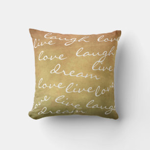 Coussin vivre l'amour rire rêve typographie bronze et blan