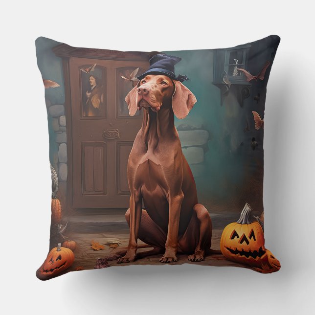 Coussin Vizsla Citrouille Halloween effroi (Verso)