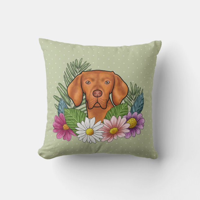 Coussin Vizsla Hongroise Et Fleurs D'Été Colorées Vert (Recto)