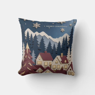 Coussin Vœux de Noël, village d'hiver en papier découpé 3D