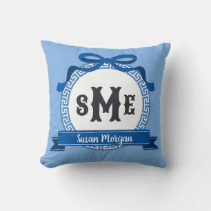 Coussin Voile Clair Bleu Clé Grecque Inversée Monogramme à