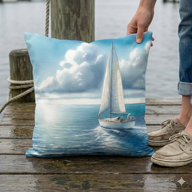 Coussin Voilier Solitaire à l'Horizon Bleu (Blue Horizon Solitary Sailboat Throw Pillow Mockup A)