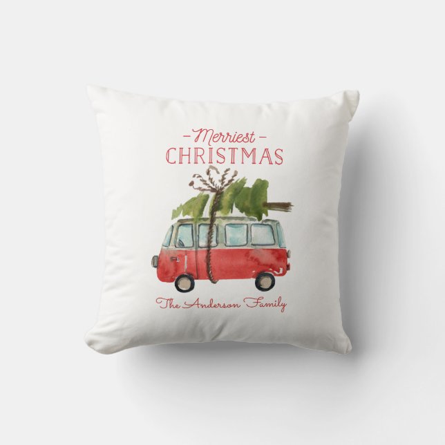 Coussin voiture d'aquarelle de noël la plus joyeuse (Recto)