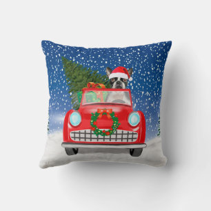 Coussin Voiture de conduite de chien de Boston en neige No