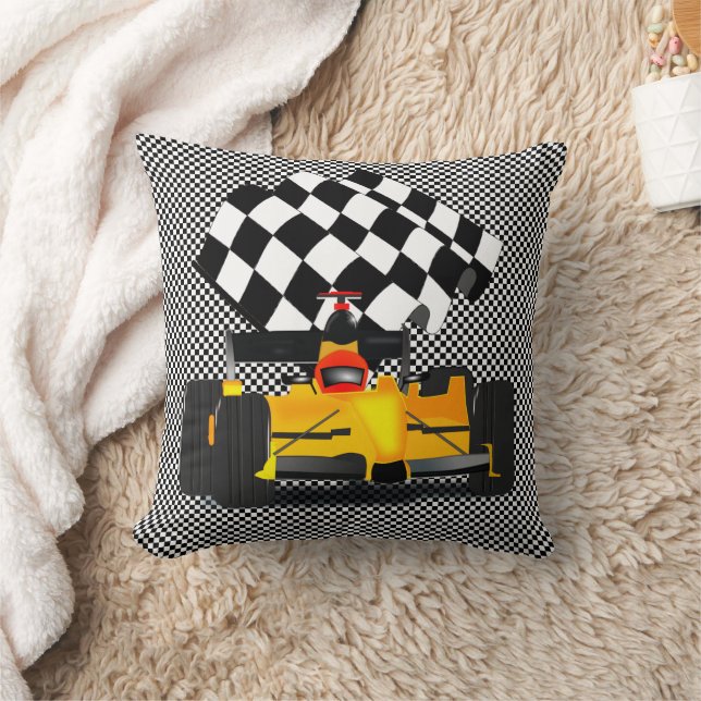 Coussin Voiture de course jaune avec drapeau À damiers (Couverture)