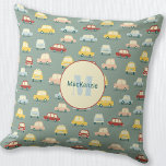 Coussin Voiture personnalisée Sage Green<br><div class="desc">Motif de voiture rétro sur un arrière - plan vert sage. Art original de Nic Squirrell. Changez l'initiale et le nom du monogramme pour personnaliser.</div>