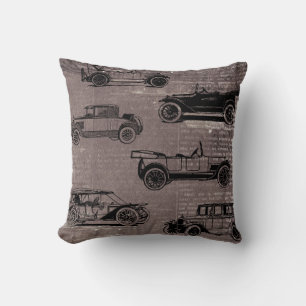 Coussin Voitures anciennes en brique taupe et papier journ