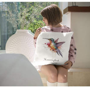 Coussin Vol de couleurs, colibri à l'aquarelle personnalis