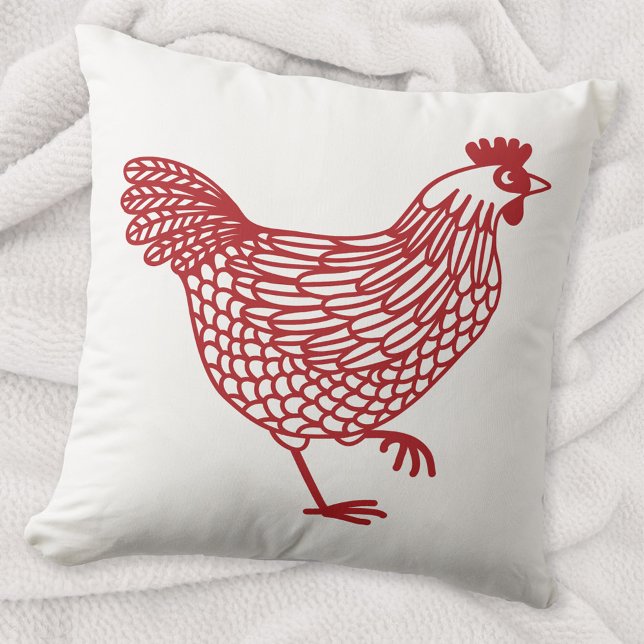 Coussin Volaille de poulet rouge et blanc (Red and white hen chicken poultry art throw pillow)