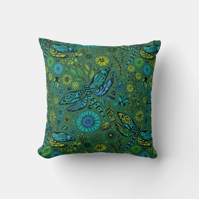 Coussin Voler, voler la libellule sur le vert émeraude (Recto)