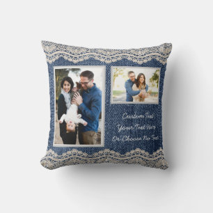 Coussin Vos Photos/Texte Bleu Jeans Denim Chic Lace Vintag