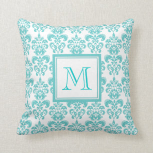 Coussin Votre monogramme, motif turquoise 2 de damassé