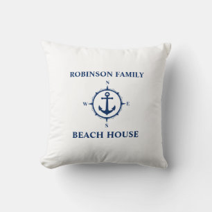Coussin Votre nom Beach House Compass Ancre Blanc