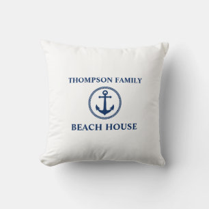Coussin Votre nom Beach House Sea Ancre Marine Bleu Blanc