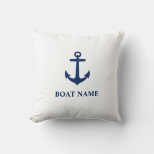 Coussin Votre nom de bateau Ancre classique Marine bleu et