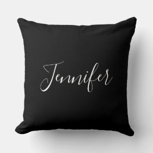 Coussin Votre nom Écriture blanche élégante sur fond noi
