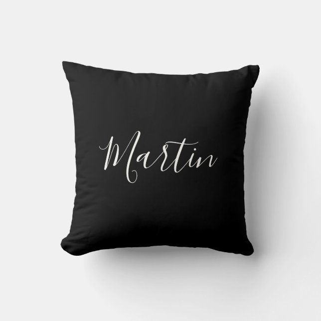 Coussin Votre nom | Élégant script blanc sur noir (Recto)