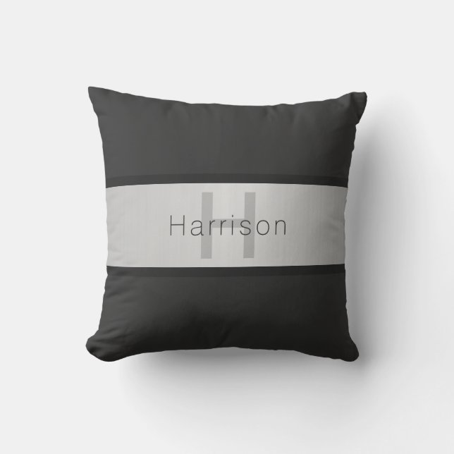 Coussin Votre nom & monogramme | Gris & aspect argent faux (Recto)