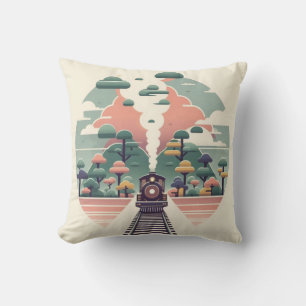 Coussin Voyage en train Whimsical : Paysage de style rétro