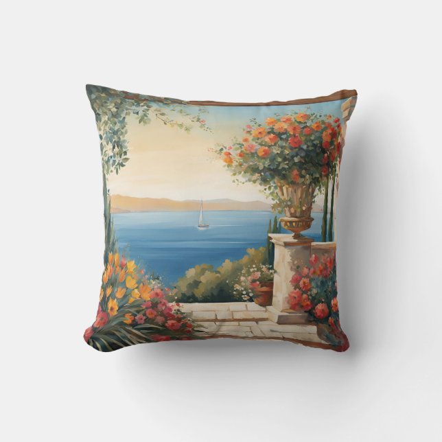 Coussin Vue sur la mer Méditerranée avec des fleurs (Recto)