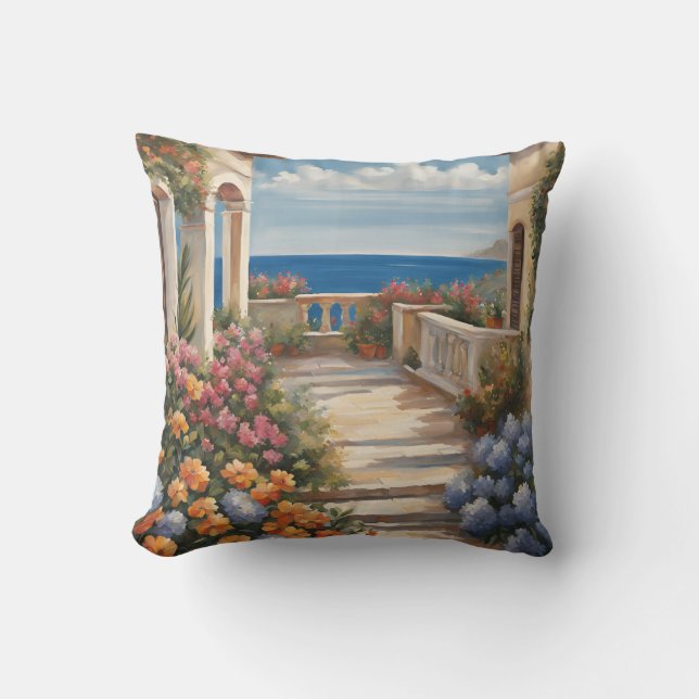 Coussin Vue Sur La Mer Méditerranée Avec Fleurs (Recto)