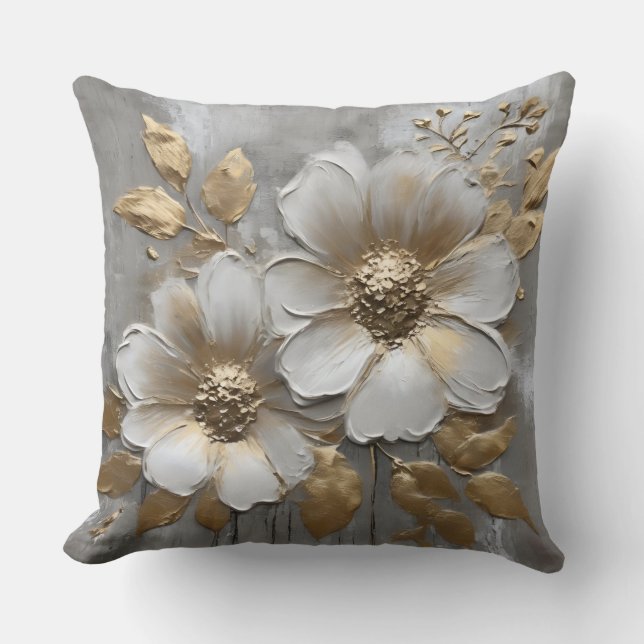 Coussin Warm Gray Gold White Modern Rustic Floral (Recto)
