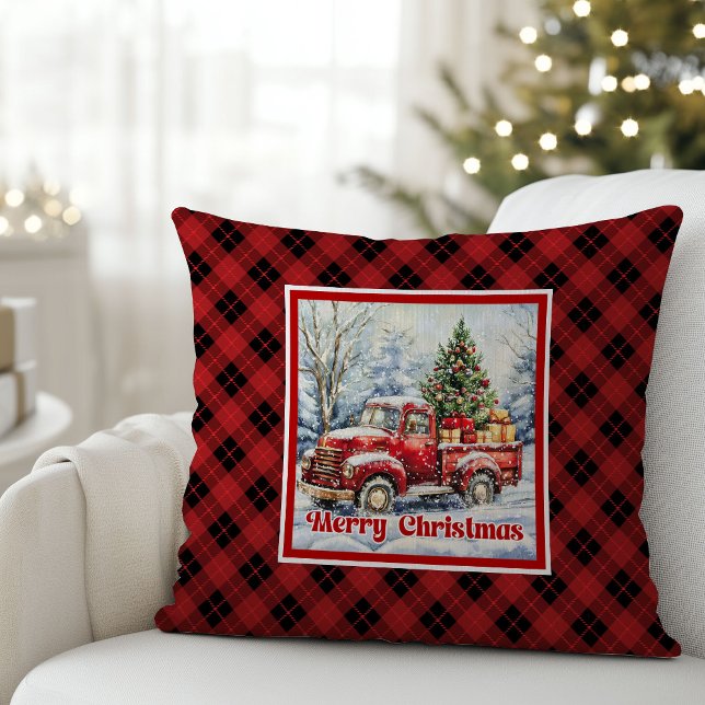 Coussin Warm red truck winter scene rustic red green  (Warm red truck winter scene rustic red green pillow decor

)