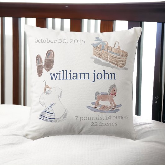 Coussin Watercolor Baby Boy Nursery Birth Stats Keepsaké