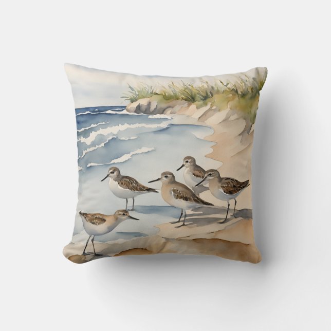 Coussin Watercolor Beach Scène Sandpipers Oiseaux de mer (Recto)