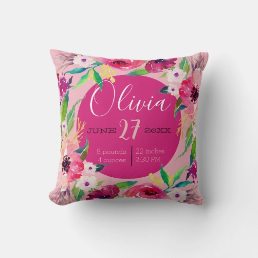 Coussin Watercolor Birth stat bébé faire-part (Recto)