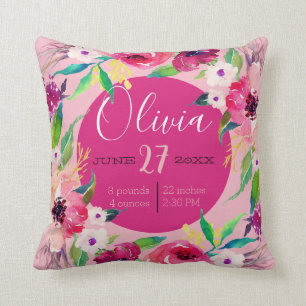 Coussin Watercolor Birth stat bébé faire-part