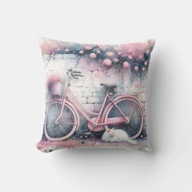 Coussin Watercolor Chat et Vélo rose (Recto)