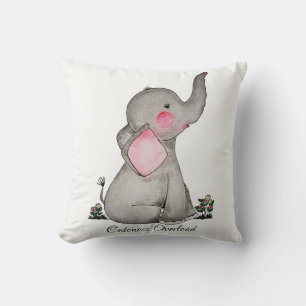 Coussin Watercolor Cute Baby Elephant With Blush & Flowers