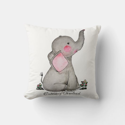 Coussin Watercolor Cute Baby Elephant With Blush & Flowers (Recto)
