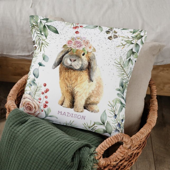 Coussin Watercolor Floral Bunny Rabbit Personalized (Créateur téléchargé)
