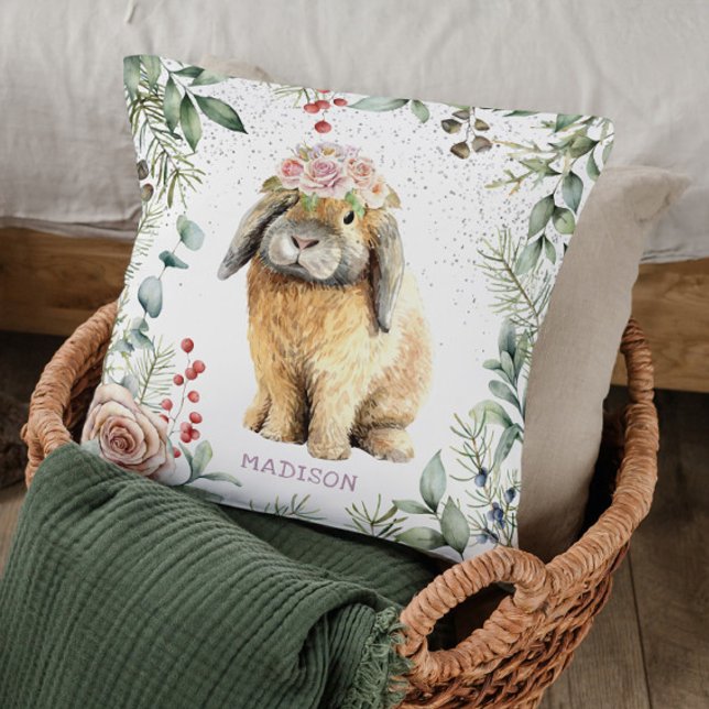 Coussin Watercolor Floral Bunny Rabbit Personalized (Créateur téléchargé)