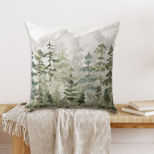 Coussin Watercolor Green Pine Forest sur la montagne