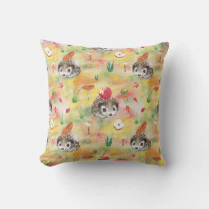 Coussin Watercolor hedgehog with mushrooms and apple