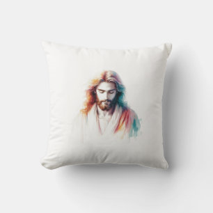 Coussin Watercolor Jesus Christ Portrait – Serene & Spirit