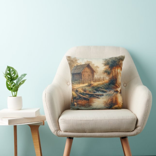 Coussin Watercolor Log Cabin In Morning Mist (Chaise)